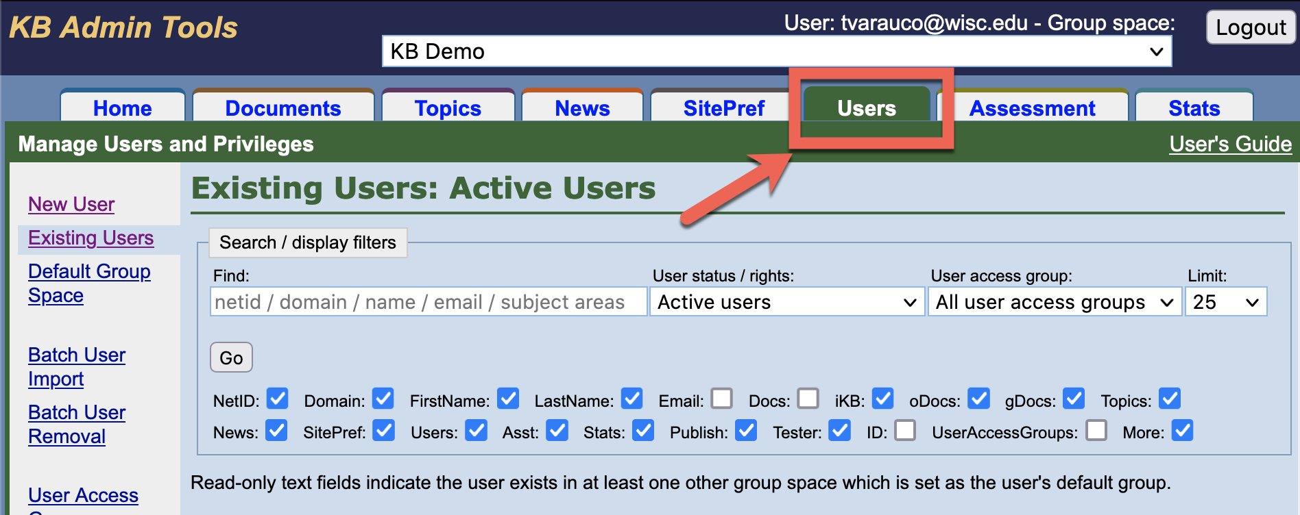 Existing users screen showing search and filtering options