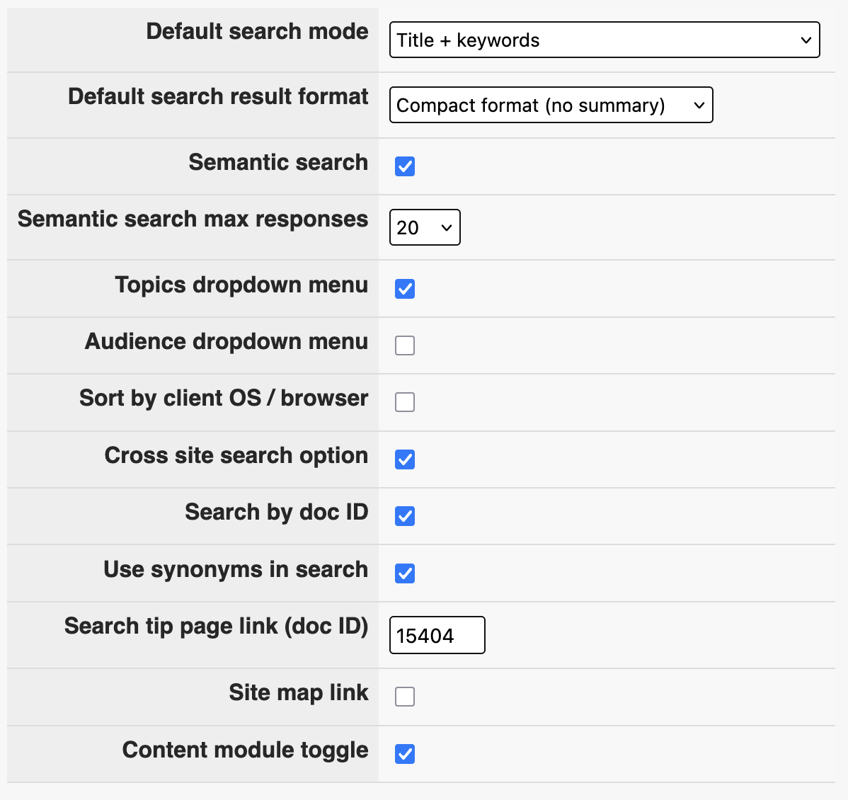 All searching and sorting settings listed under one of the panels.