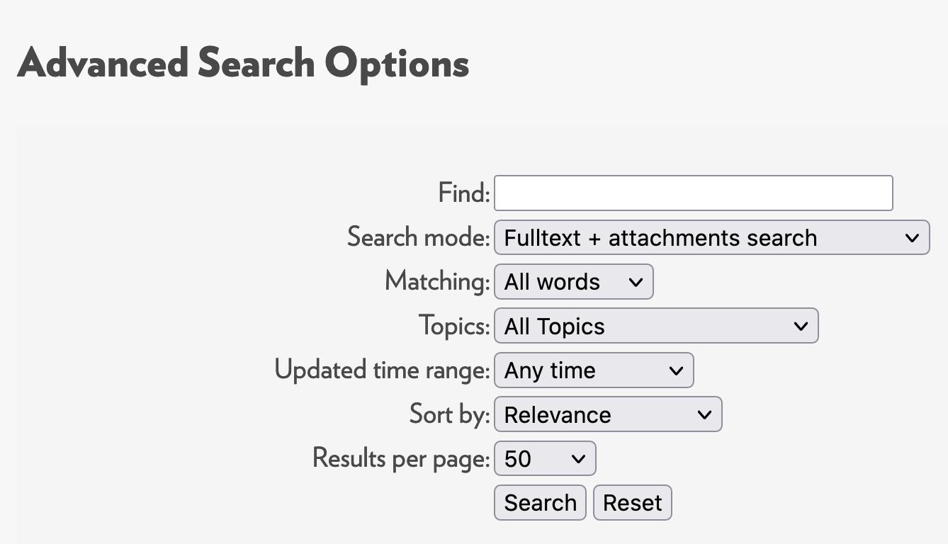 Advanced search options showing various filters and search fields