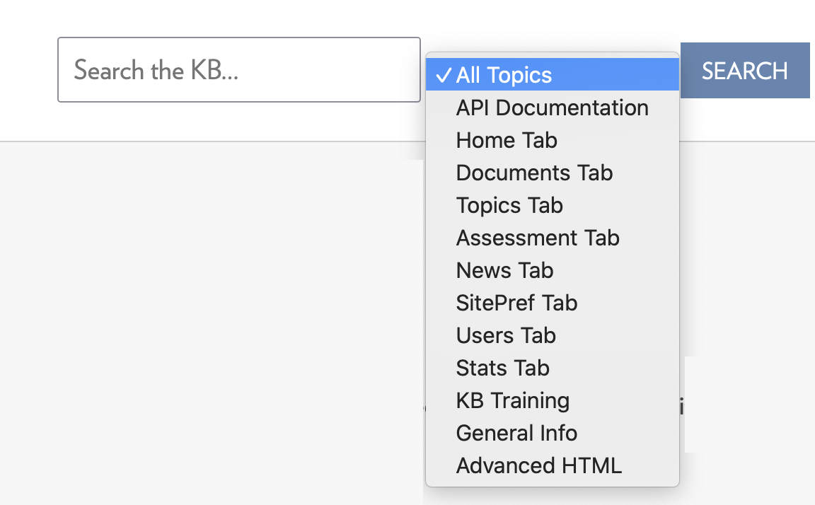 KB live site search options showing the topic dropdown with all topics being selected