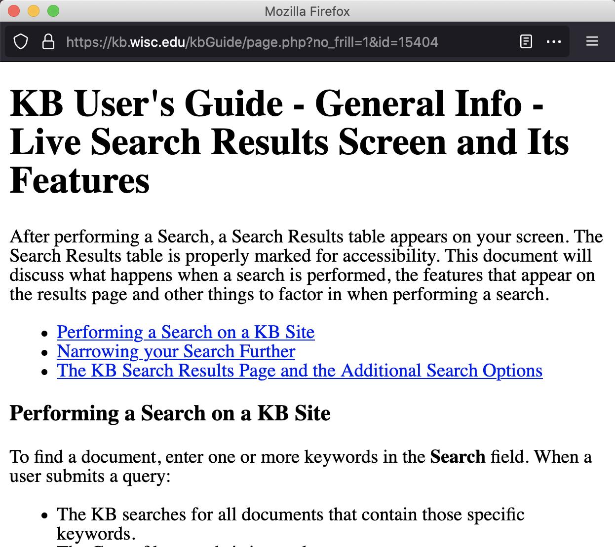 Search tip popup window displaying a document outlining search tips for the KB User's Guide