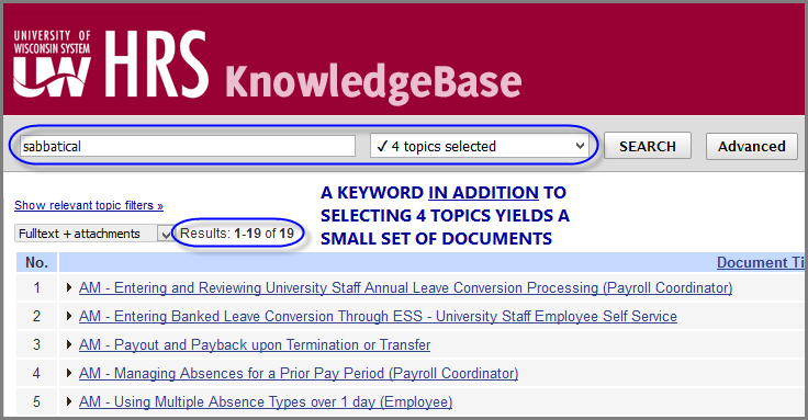 HRS KB live site showing search keyword 'sabbatical' and 4 topics being selected