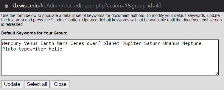 The edit Default Keywords pop-up window.