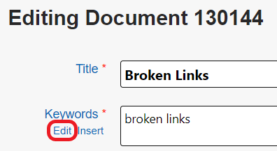 The top of the Document Edit screen. The Edit link under the Keywords field is circled in red.