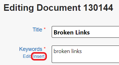 The top of the Document Edit screen. The Insert link under the Keywords field is circled in red.