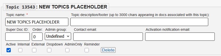 Example input for topics dialog