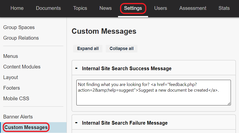 The Custom Messages page. The Settings tab at the top is circled in red. The Custom Messages page on the left side menu is also circled in red.