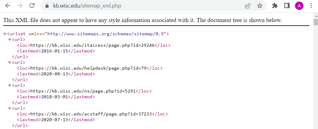 The KB sitemap_xml.php page.