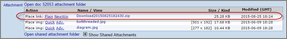 document attachments showing a created zip file