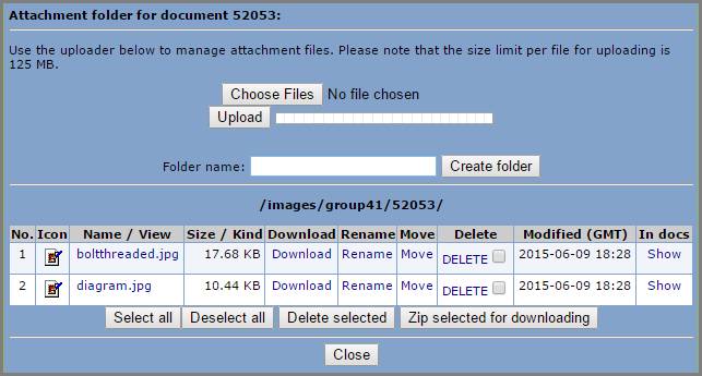 Document attachment folder populated with two files with actions to download, rename, move, delete, or show in docs 