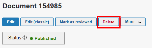 The document review actions area is displayed with the Delete button outlined in a red box