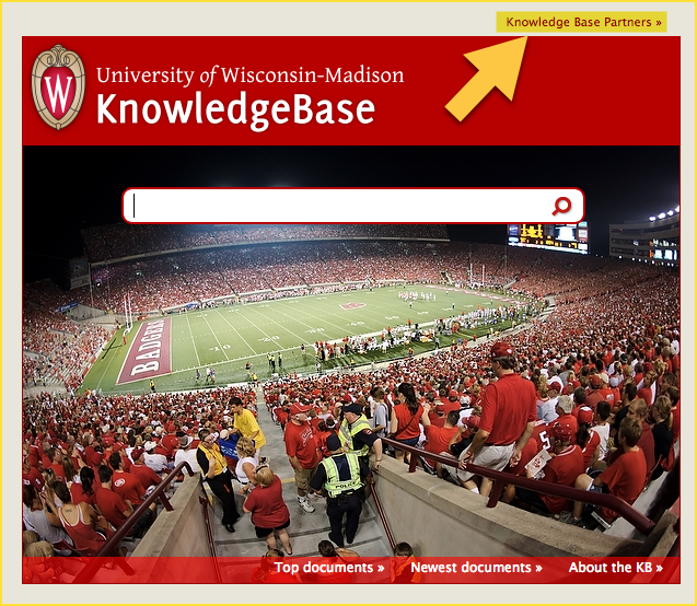 Image showing the UW-Madison Unified KB search page, with the "KnowledgeBase Partners" link highlighted in the upper right-hand corner.