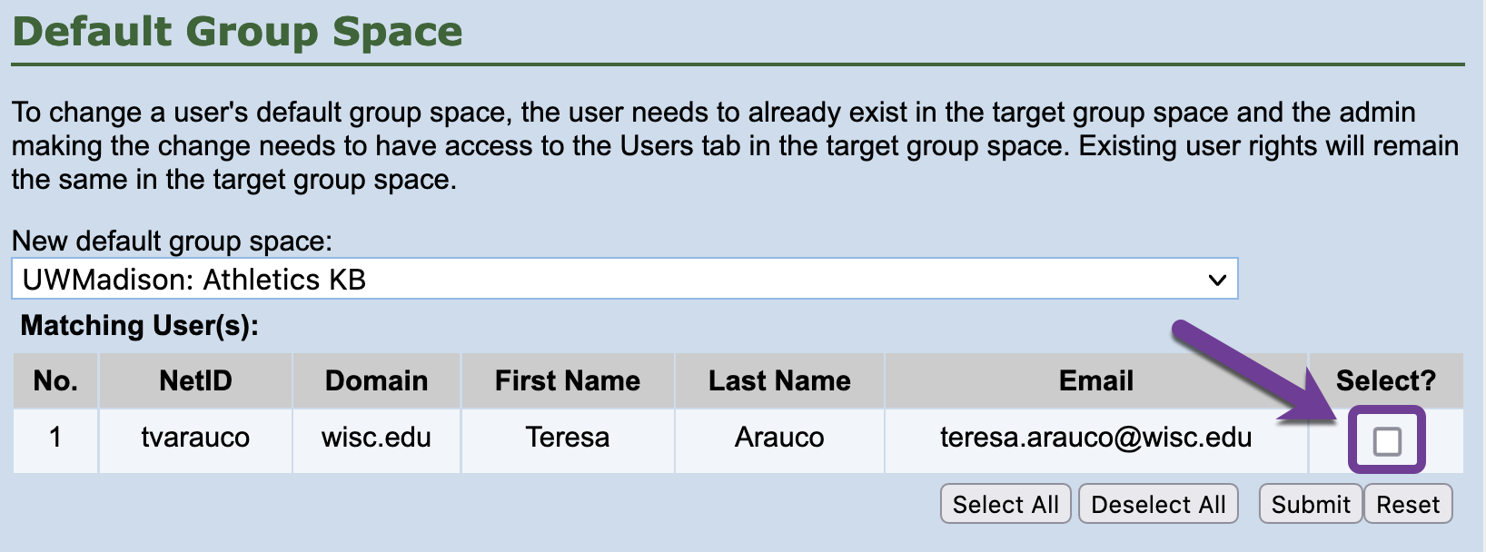 List of users for a specific group space highlighting the select checkbox for an individual user