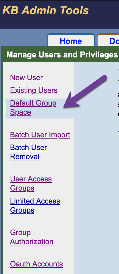 kb admin tools left nav menu new default group space link
