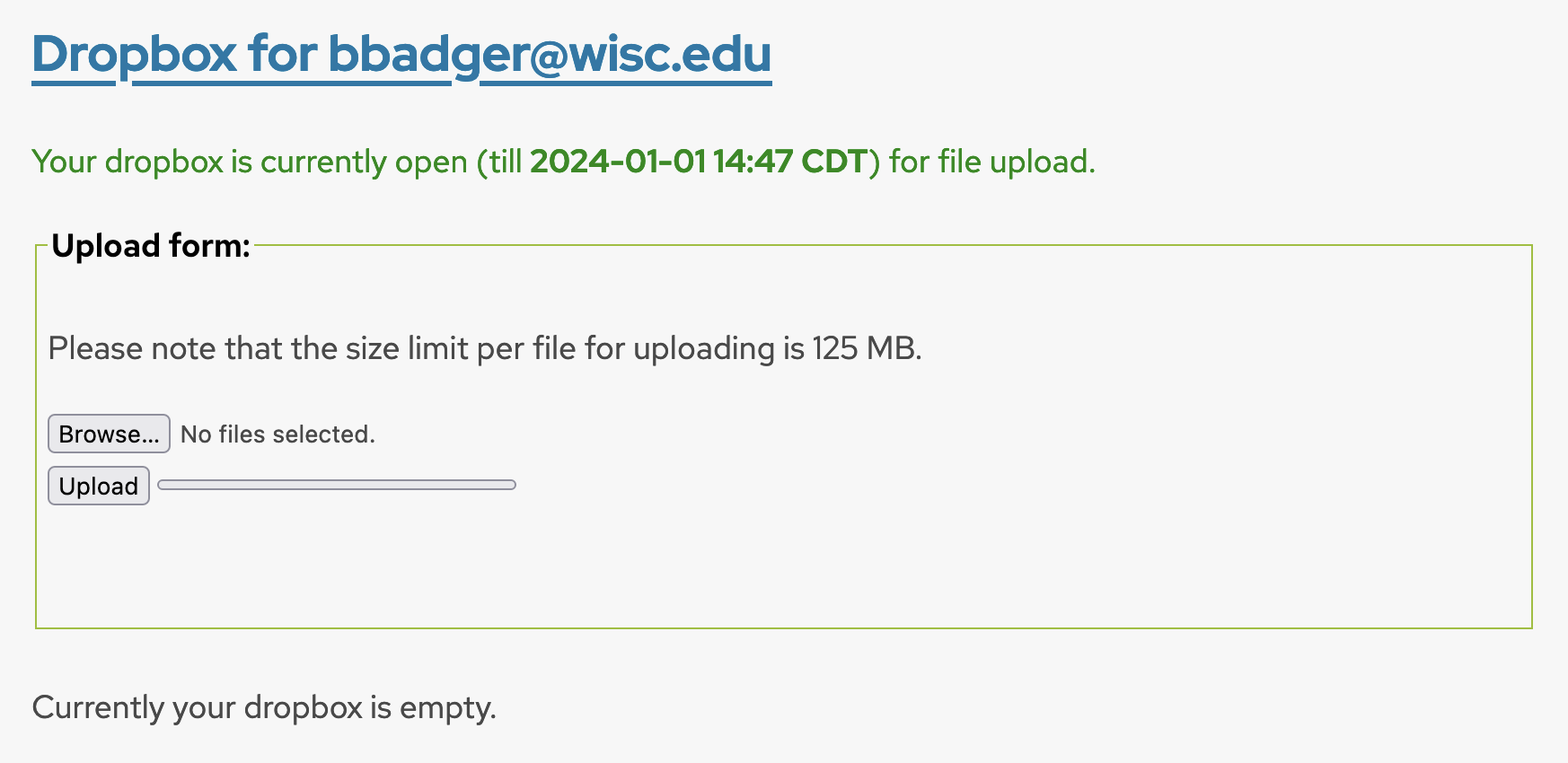 Screenshot showing the dropbox for bbadger@wisc.edu on the live site. The upload form is visible and the dropbox is currently empty.