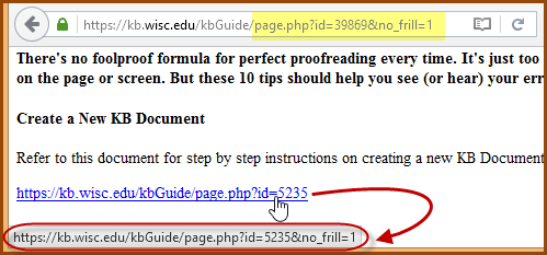 Image showing a cursor hovering over a link in a No Frill document, with the target URL of the link containing same No Frill parameter