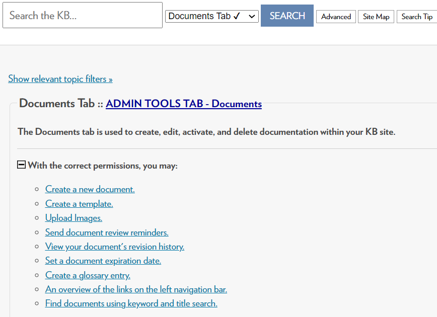 Meta description for the Documents Tab topic in the KB Users Guide live site