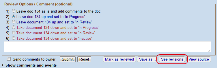 Review Options / Comments options page with the See revisions button circled in red on the bottom