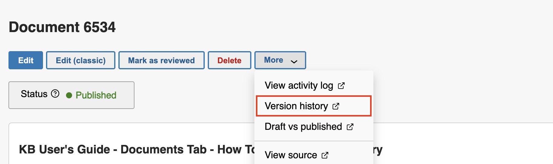 Version history is the second option under the More dropdown.