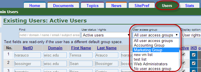 User access group dropdown filter in the users tab