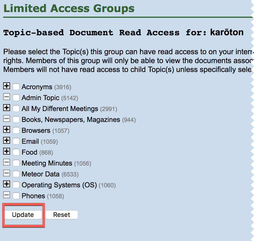 topic select screen for the karoton limited access group