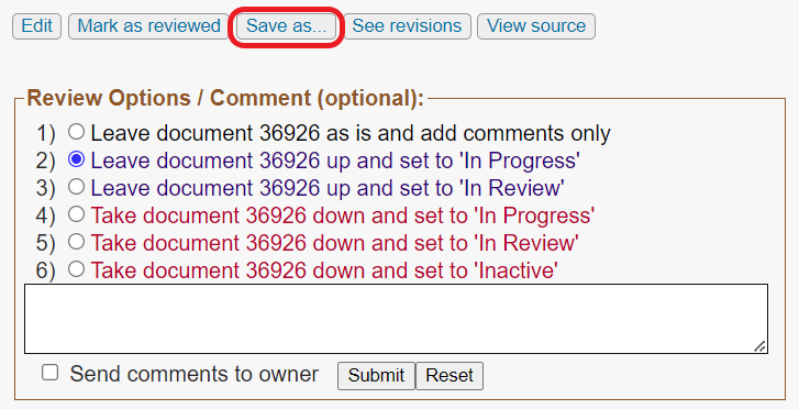 The Review Mode page. The Save as button is circled in red.