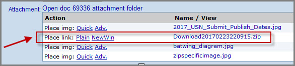zipped file in the document attachment table in the document with options to place a plain link or a link that will open in a new window