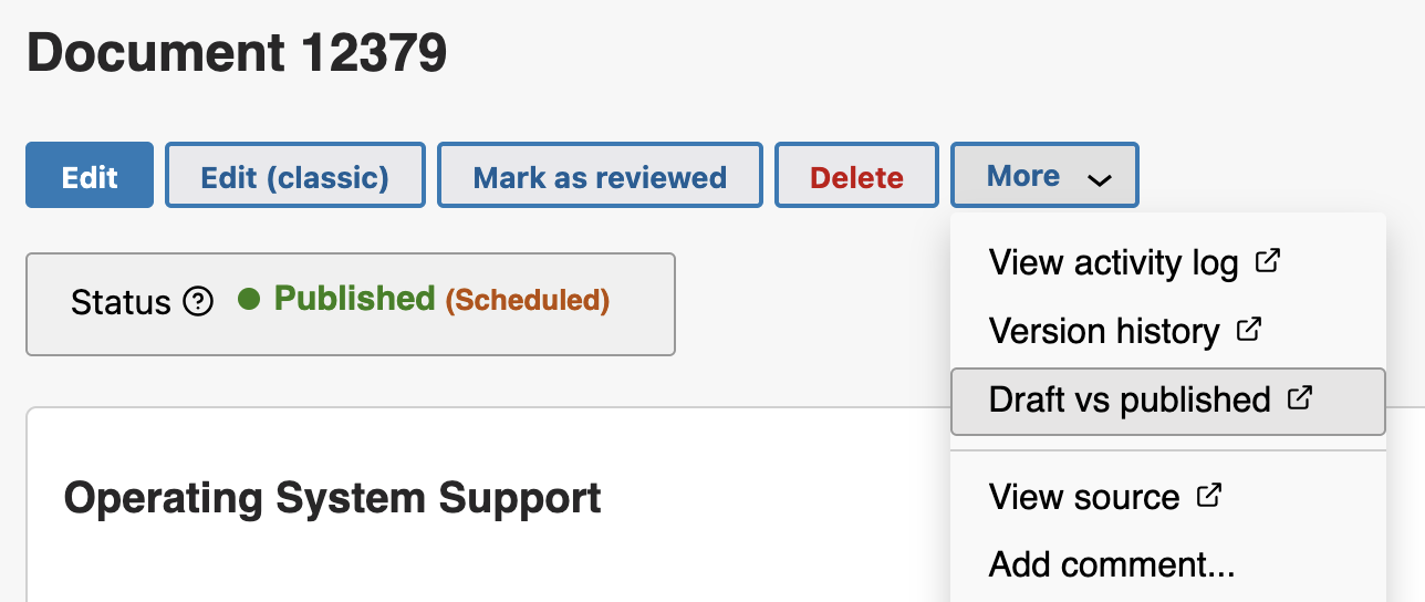 The More menu that appears in the row of document action buttons on the doc review screen open, with the Draft vs Published option highlighted