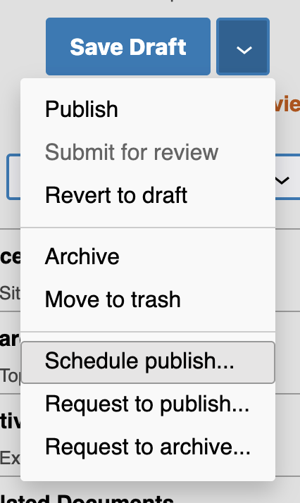 The arrow next to the Save Draft button opens the status dropdown, and Schedule Publish is found partway down this menu.