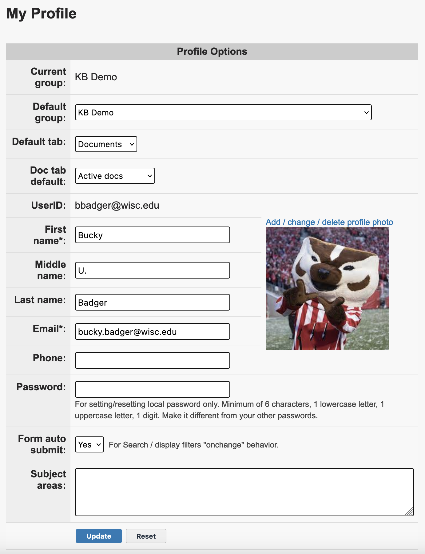 Example of the profile page for Bucky Badger using settings described below.