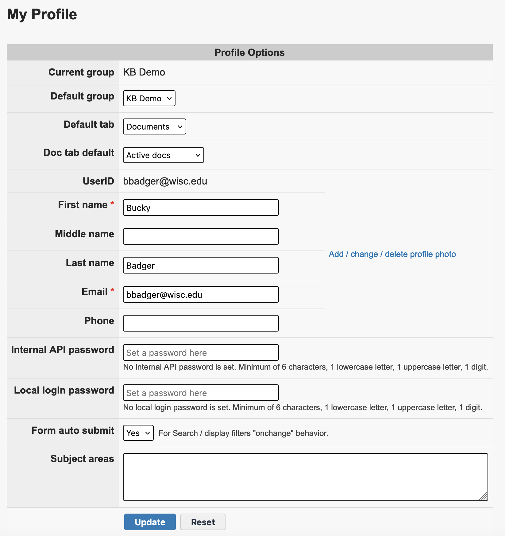 Example profile for the user Bucky Badger with all of the fields described below.