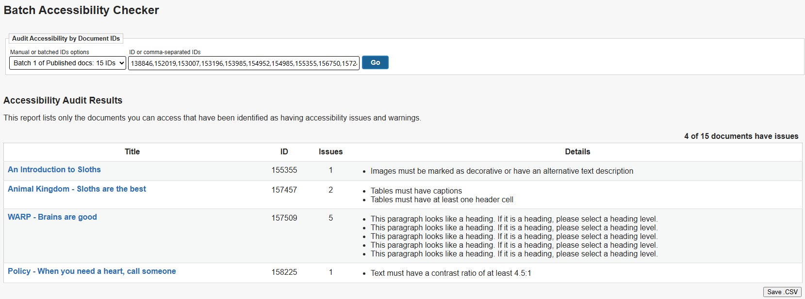 The resulting table from choosing to check accessibility in a batch