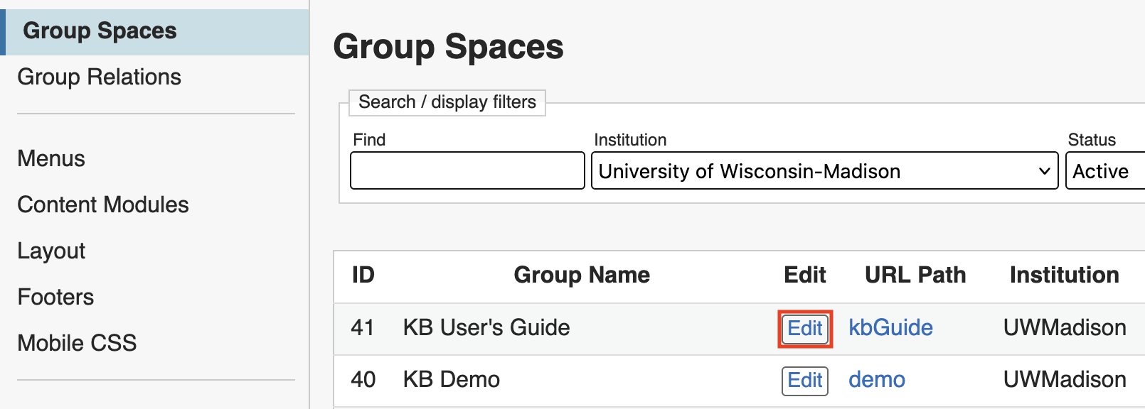 The Edit button is found in the third column of the Group Spaces table.