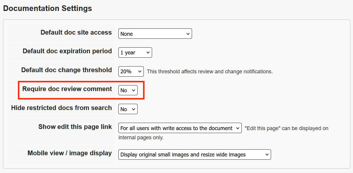 The "Require doc review comment" setting is the fourth item under the Documentation Settings section.