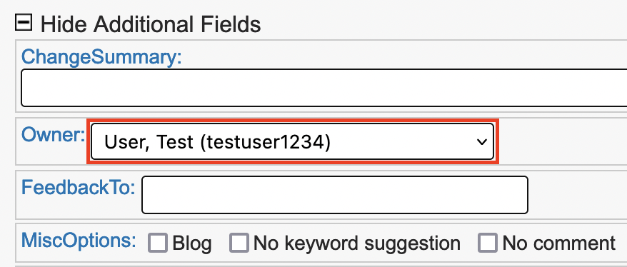 Image showing the Owner dropdown under the Additional Fields section. The current owner is displayed in the dropdown.