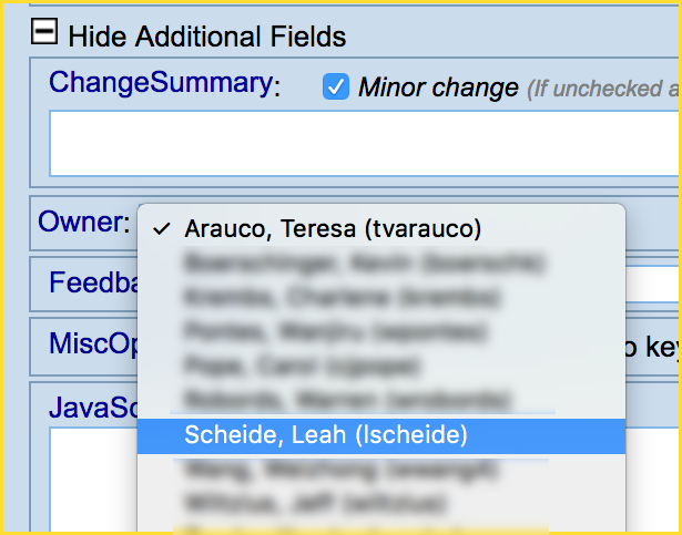 Screenshot showing the expanded "Owner" dropdown menu with the group space authors that can be chosen to be the owner