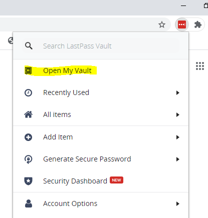 Open LastPass Vault from the Browser Extension menu