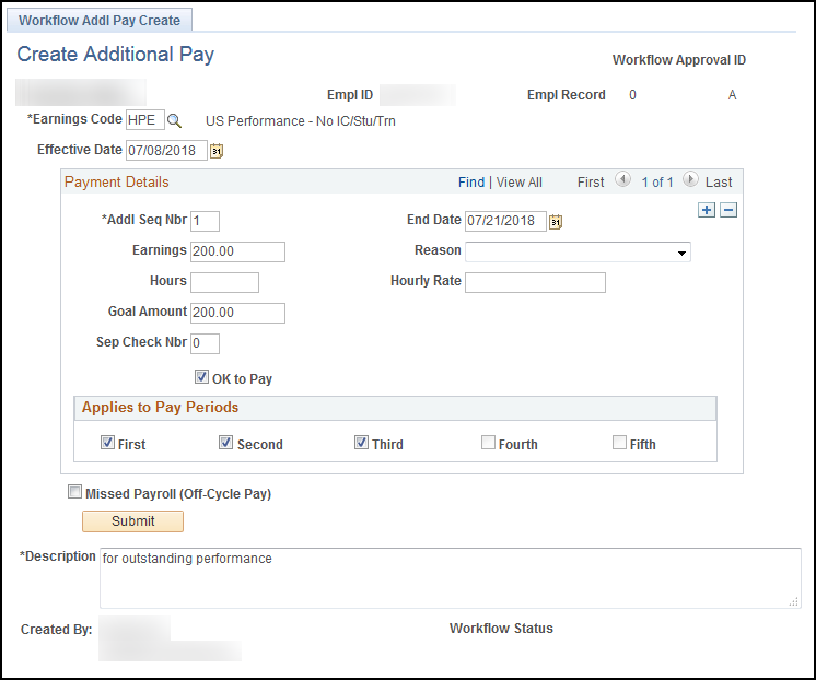 Workflow Addl Pay Create page Workflow Addl Pay Create page