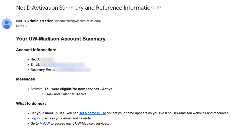 netid activation email summary