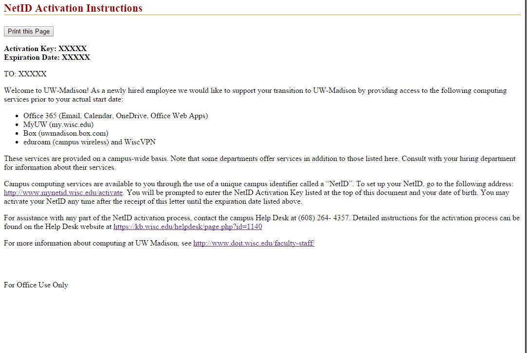 My UW Early NetID Activation for New Employees (UW-Madison only)