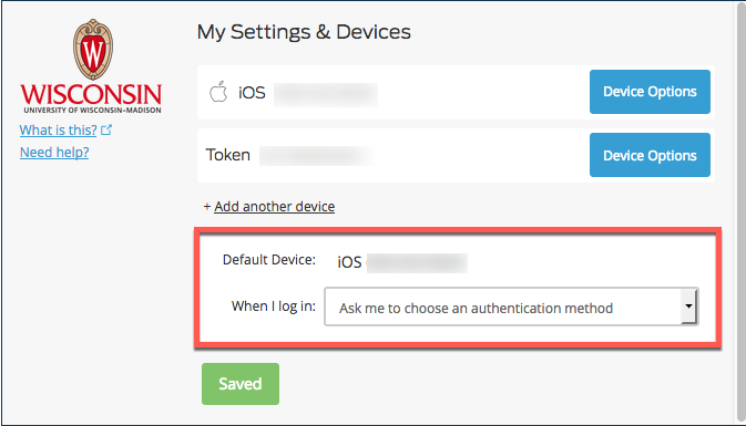 My Settings and Devices page of the MFA portal with the Default Device and authentication method highlighted