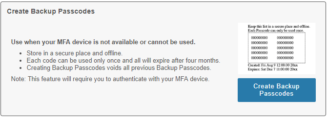 MFA portal section for generating backup passcodes