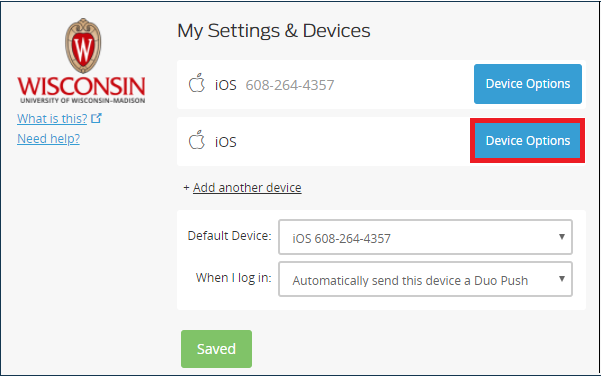 My Settings and Devices page with Device Options being clicked