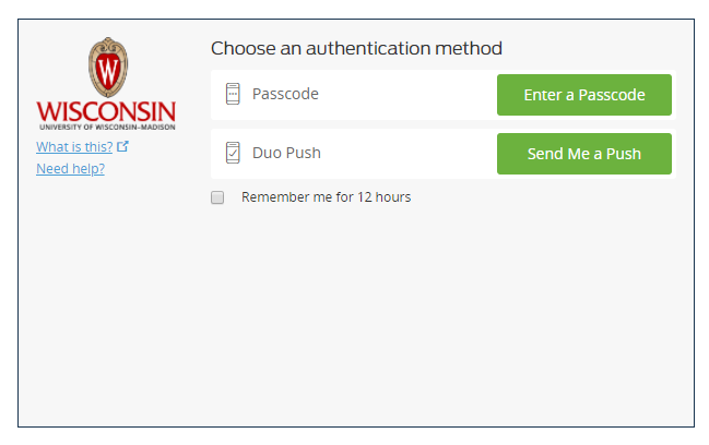 Duo authentication prompt with options to send push or enter a passcode