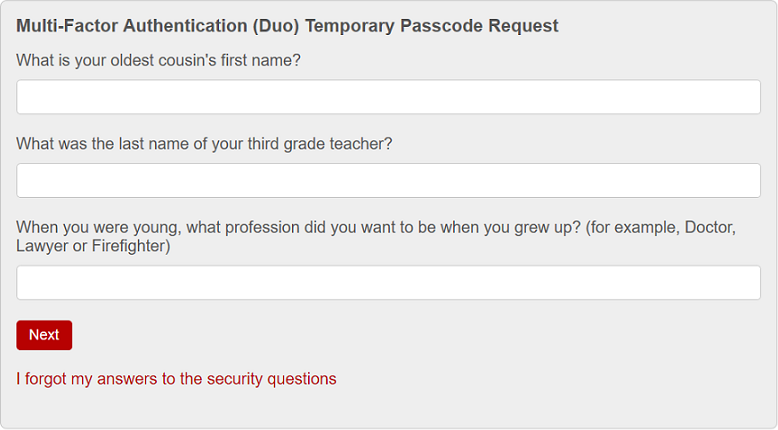 Duo passcode request page with three security questions