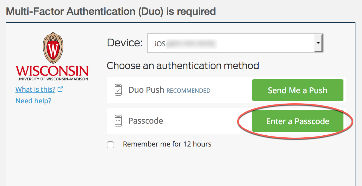 Duo prompt with options to send a push or enter a passcode - enter a passcode is highlighted and should be used with the temporary passcode that was generated