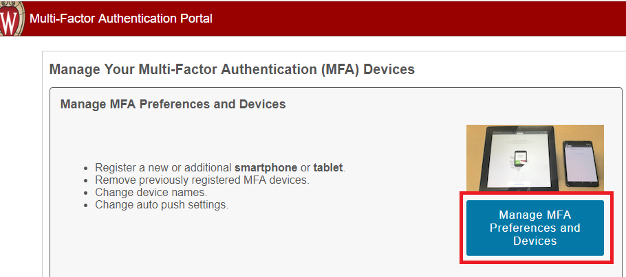 UW-Madison MFA Portal Manage Preferences and Devices Button