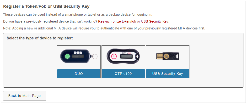selection of three devices:  duo, otp c100, and USB Security Key