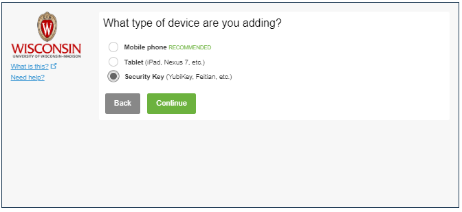 selection of three device types:  mobile phone, tablet, and security key