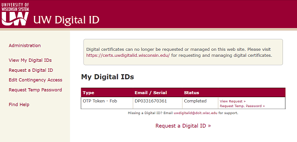 1. Start “UW Digital ID site with a list of options on the left side, including Request a Digital ID